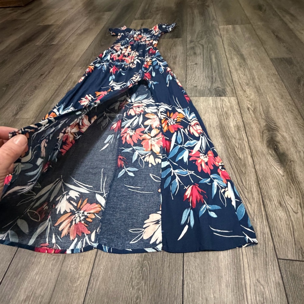 Band of Gypsies Boho Floral Off The Shoulder Smocked Maxi Dress Navy XS Summer - Picture 11 of 14